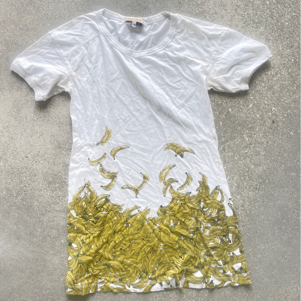 See by Chloe Banana Graphic Print T-Shirt Dress White Yellow Cotton Women's